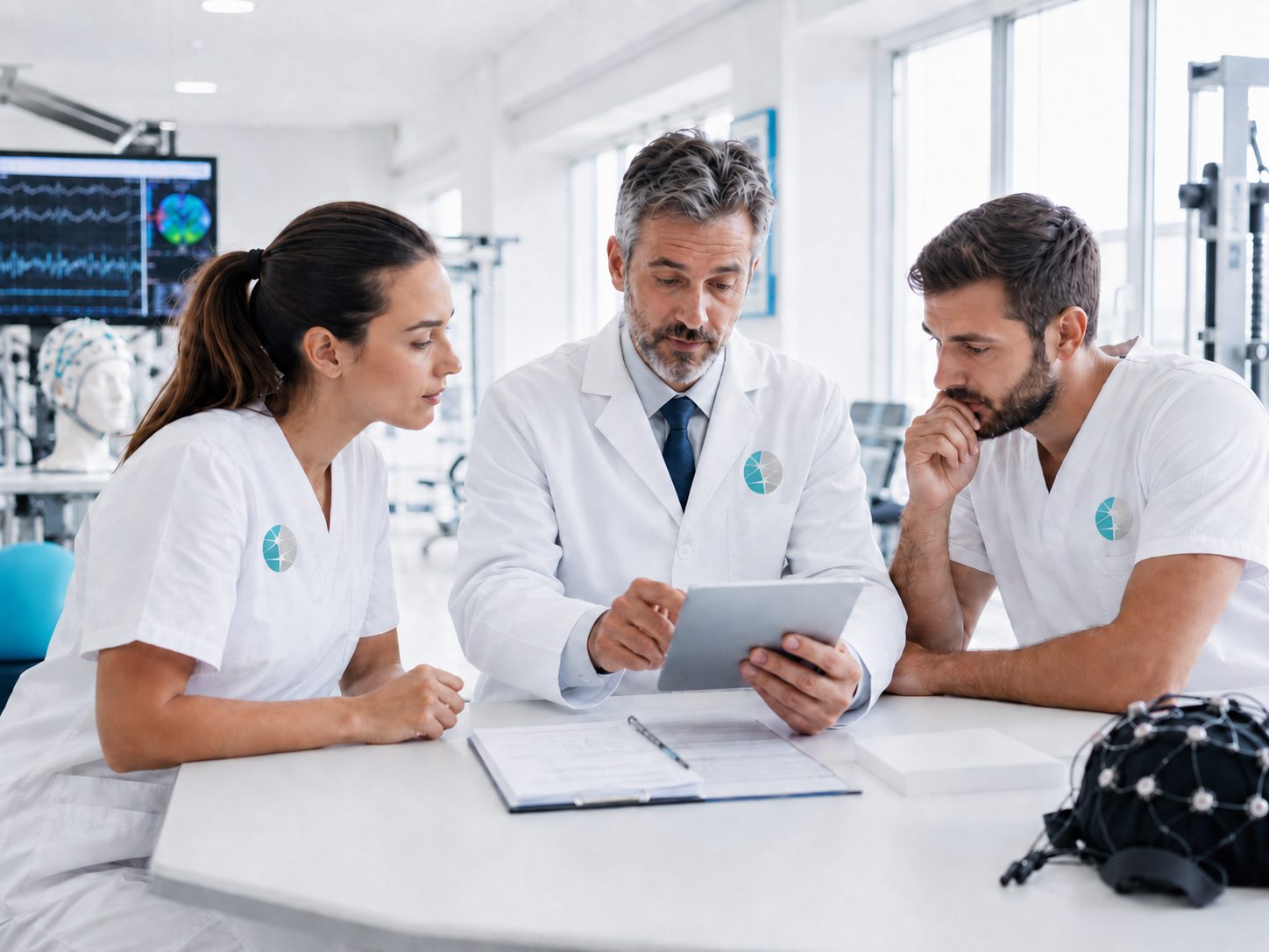 Equipa multidisciplinar da NeuroVida a planear um programa de reabilitação neurológica.