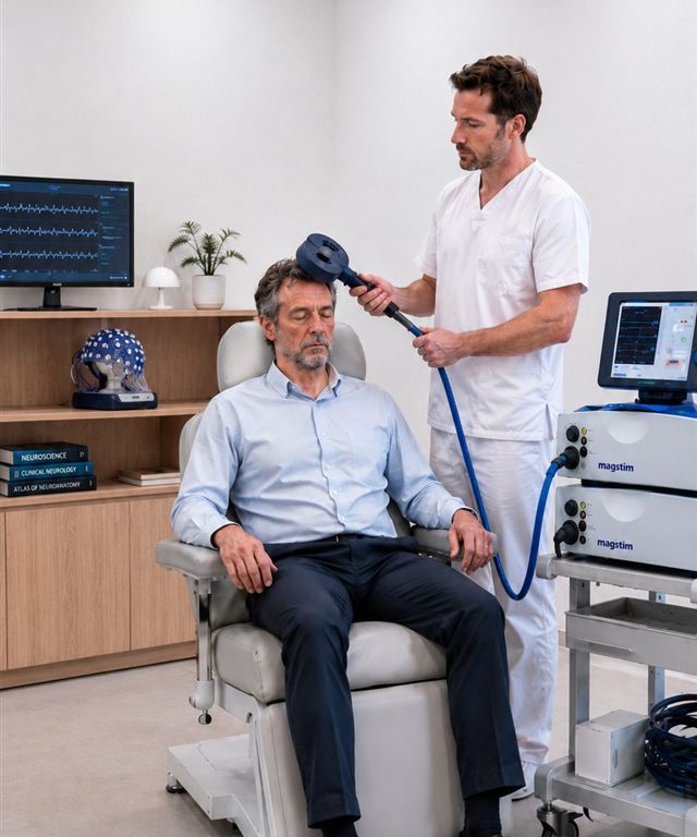 Sessão de Estimulação Magnética Transcraniana integrada no contexto clínico da NeuroVida.