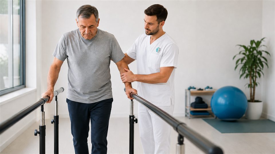 Sessão de fisioterapia neurológica orientada para função e movimento.